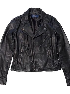 POLO RALPH LAUREN Womens Black Leather Motorcycle Moto Biker Jacket Lamb Skin XS